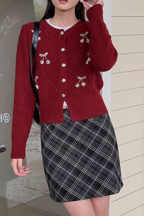 Embroidered 3D Cherry Knit Cardigan