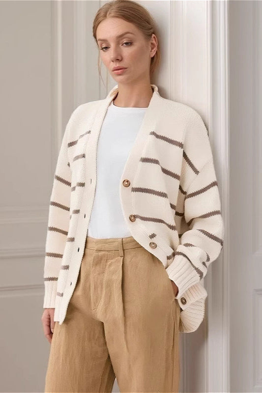 Striped Cotton V Neck Knit Cardigan