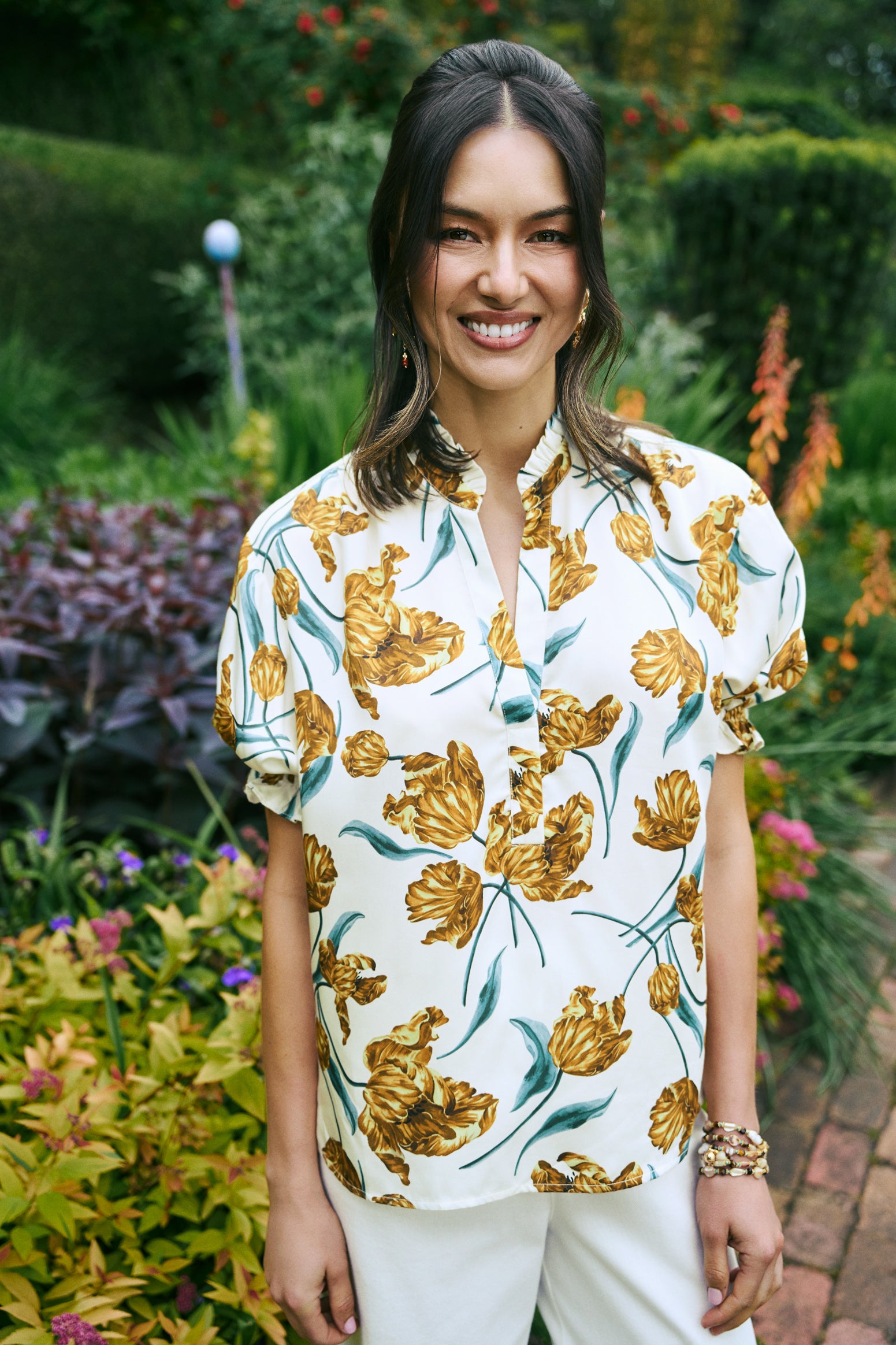 Puff Sleeve Printed Blouse - Floating Stem Print