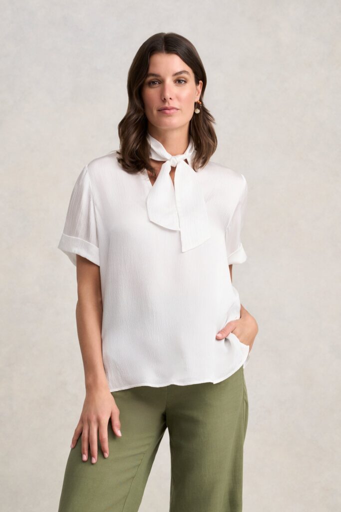 Textured Neck Tie Blouse - White