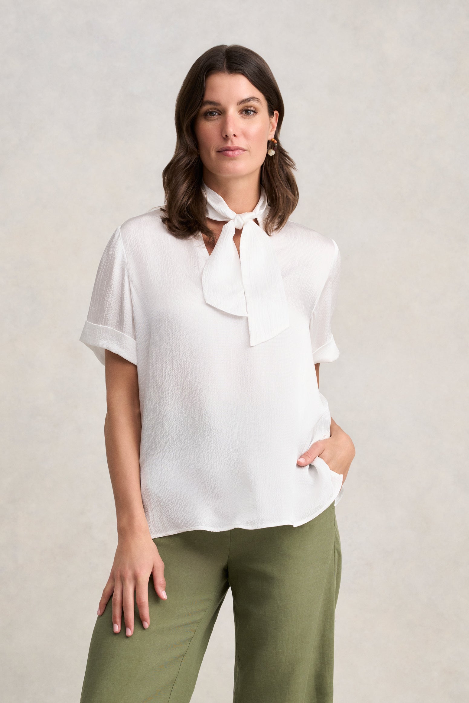 Textured Neck Tie Blouse - White