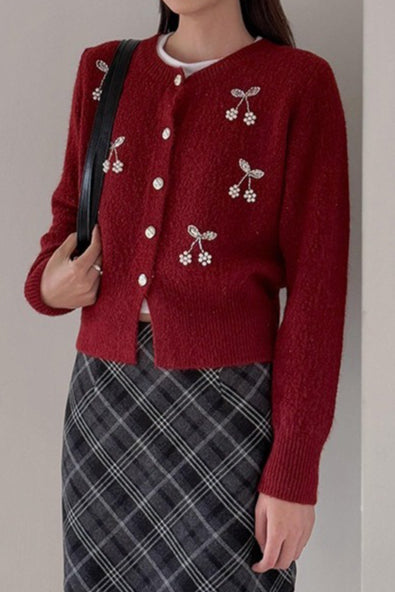 Embroidered 3D Cherry Knit Cardigan