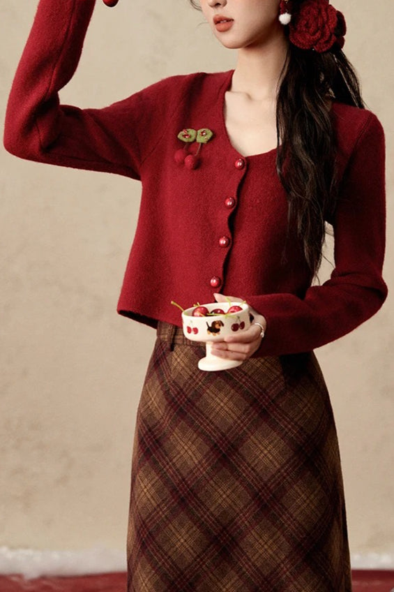 Short Knit Cherry Detail Cardigan
