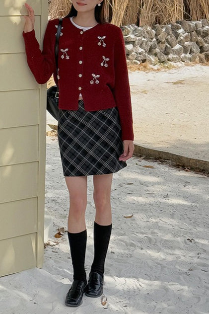 Embroidered 3D Cherry Knit Cardigan