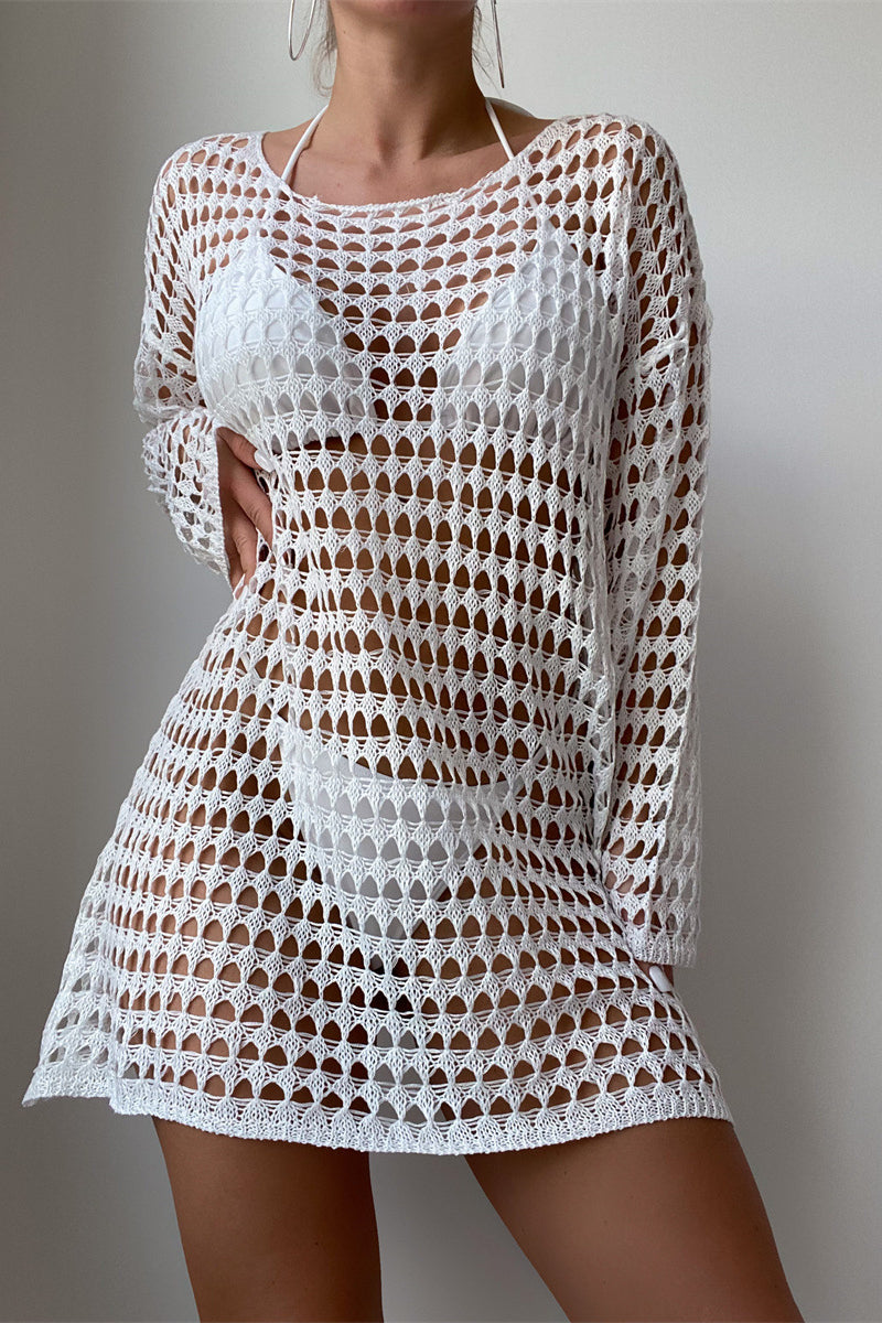 Hollow Knit Long Sleeve Bikini Cover Up