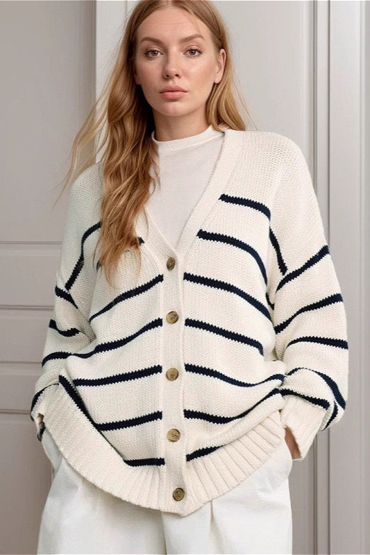 Striped Cotton V Neck Knit Cardigan